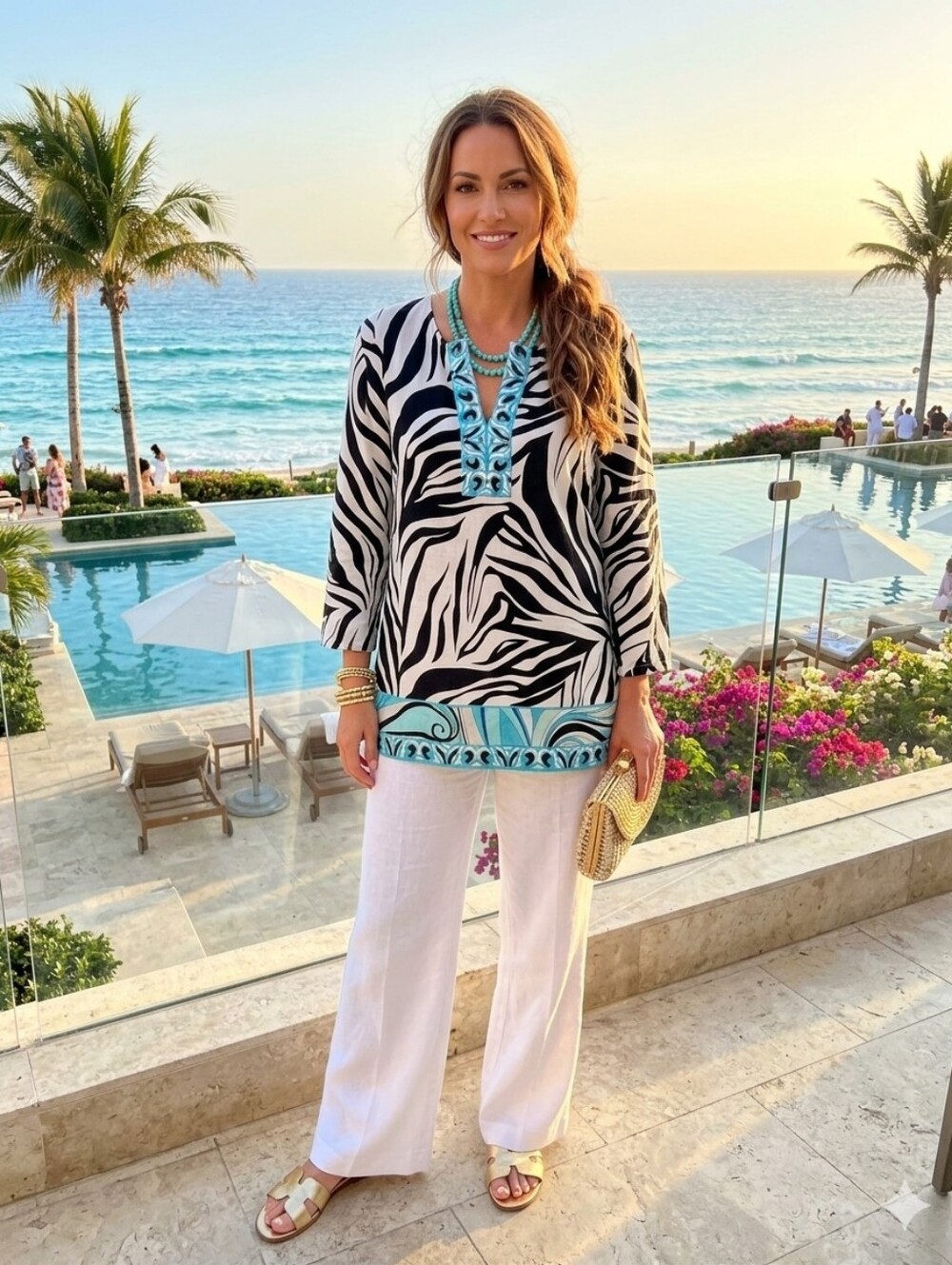 JM Collection 100% Linen 3/4 Sleeve Zebra Print Tunic Blouse Size Large